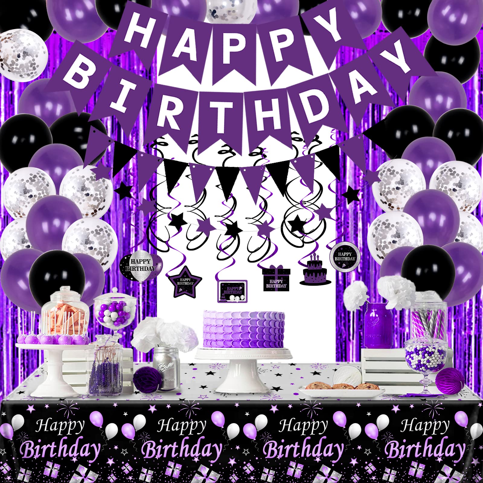 Purple Black Birthday Decorations for Women Girls, Happy Birthday Party Decorations for Her Him Bday Party Supplies Balloons Tablecloth Foil Fringe Curtains Hanging Swirls Decor Pennant Flag