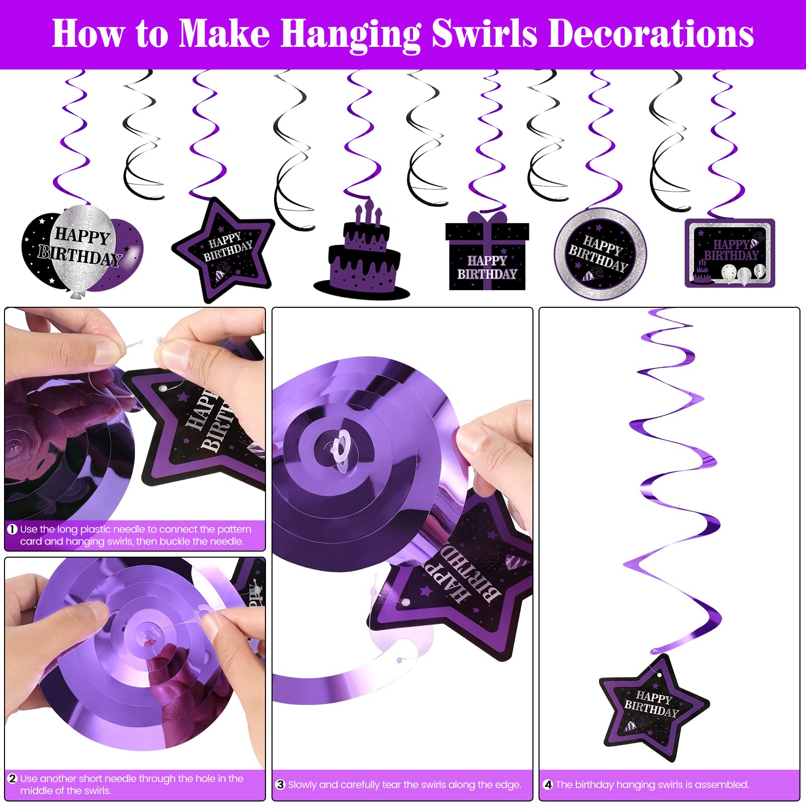 Purple Black Birthday Decorations for Women Girls, Happy Birthday Party Decorations for Her Him Bday Party Supplies Balloons Tablecloth Foil Fringe Curtains Hanging Swirls Decor Pennant Flag