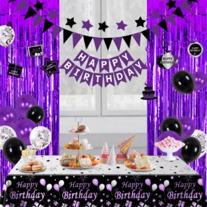 Purple Black Birthday Decorations for Women Girls, Happy Birthday Party Decorations for Her Him Bday Party Supplies Balloons Tablecloth Foil Fringe Curtains Hanging Swirls Decor Pennant Flag