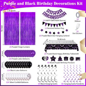 Purple Black Birthday Decorations for Women Girls, Happy Birthday Party Decorations for Her Him Bday Party Supplies Balloons Tablecloth Foil Fringe Curtains Hanging Swirls Decor Pennant Flag