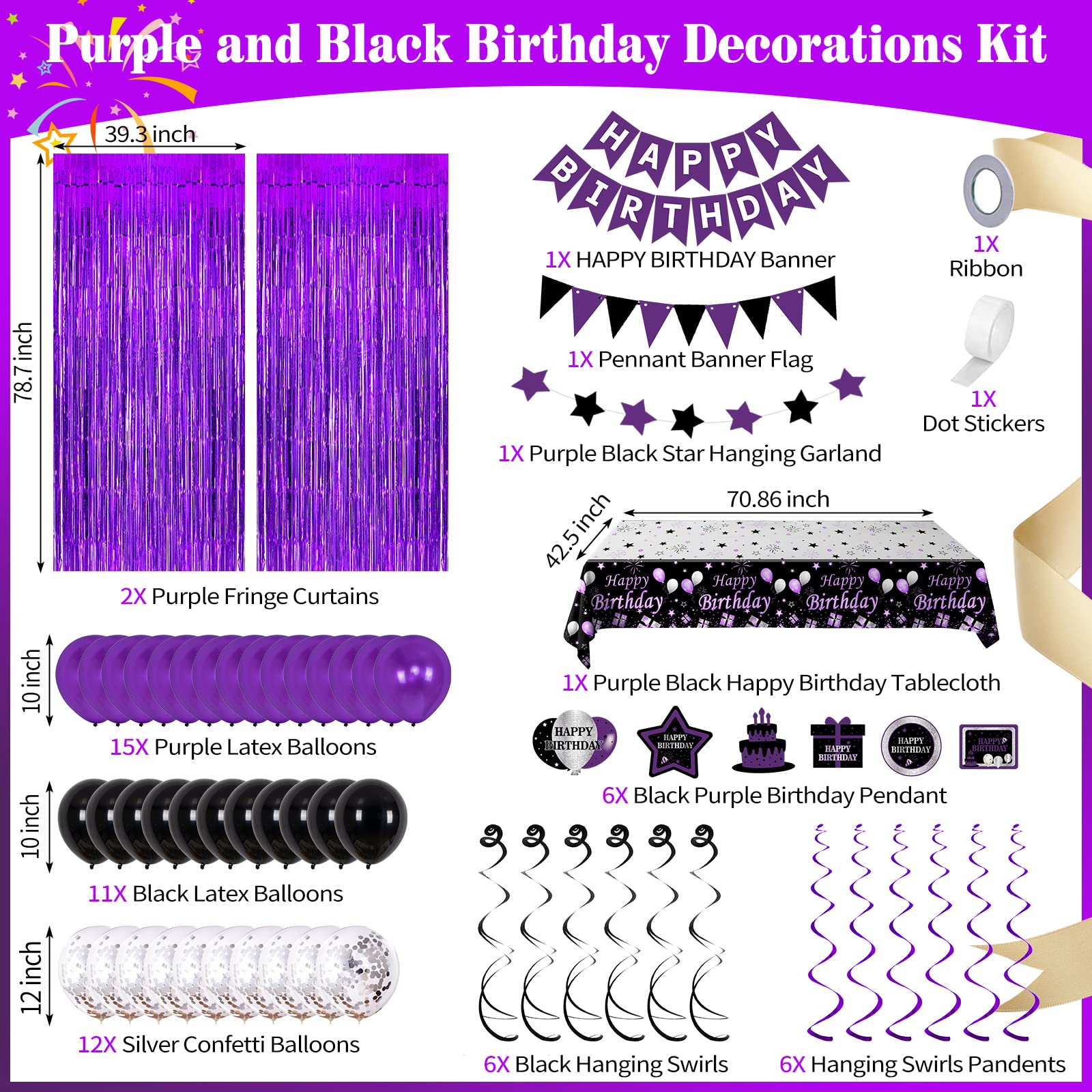 Purple Black Birthday Decorations for Women Girls, Happy Birthday Party Decorations for Her Him Bday Party Supplies Balloons Tablecloth Foil Fringe Curtains Hanging Swirls Decor Pennant Flag