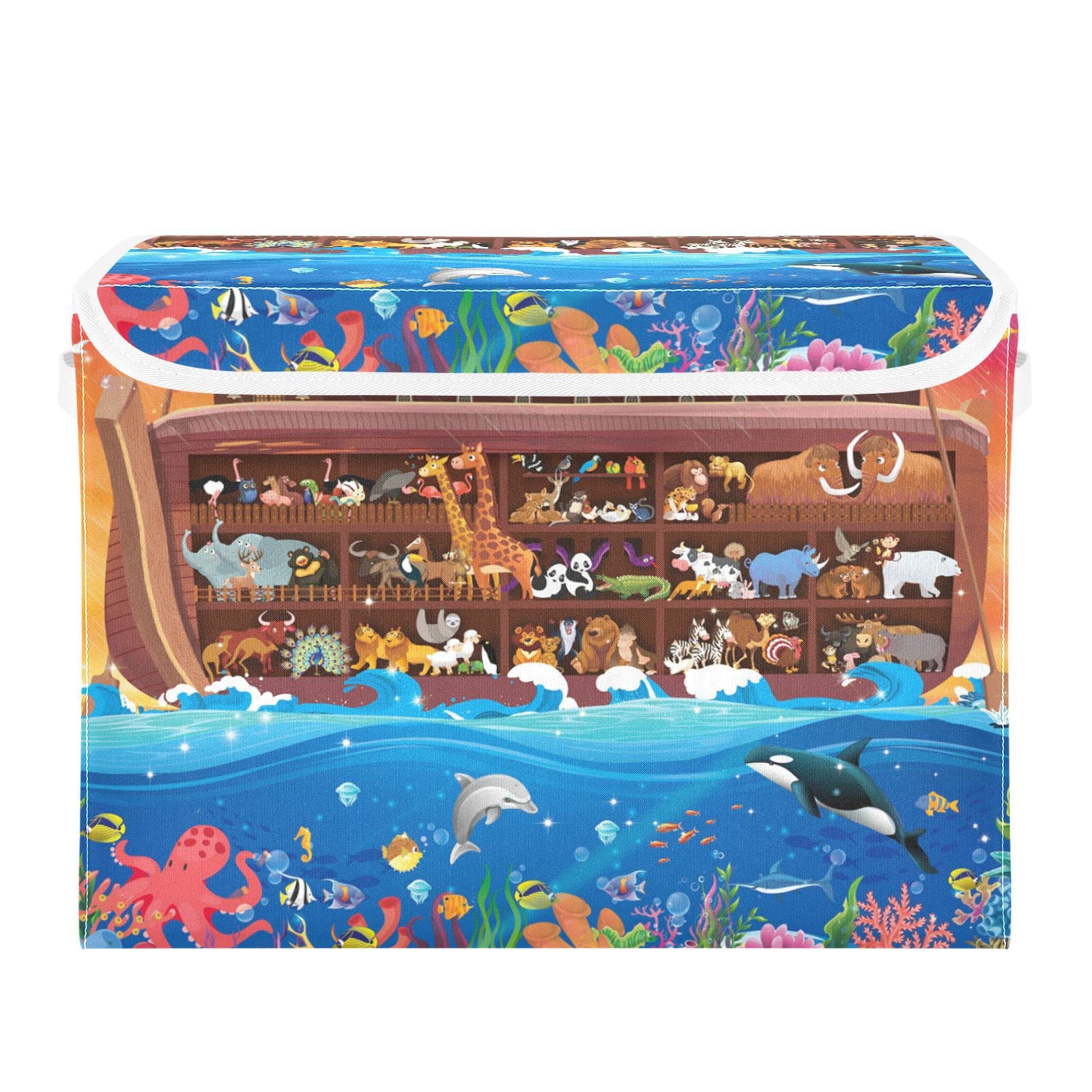 JUNZAN Animals in the Cabin Canvas Storage Containers with Lids Folding Collapsible Storage Bin Cube Storage Organizer for Home Office Large Fabric Toy Bin.