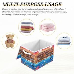 JUNZAN Animals in the Cabin Canvas Storage Containers with Lids Folding Collapsible Storage Bin Cube Storage Organizer for Home Office Large Fabric Toy Bin.