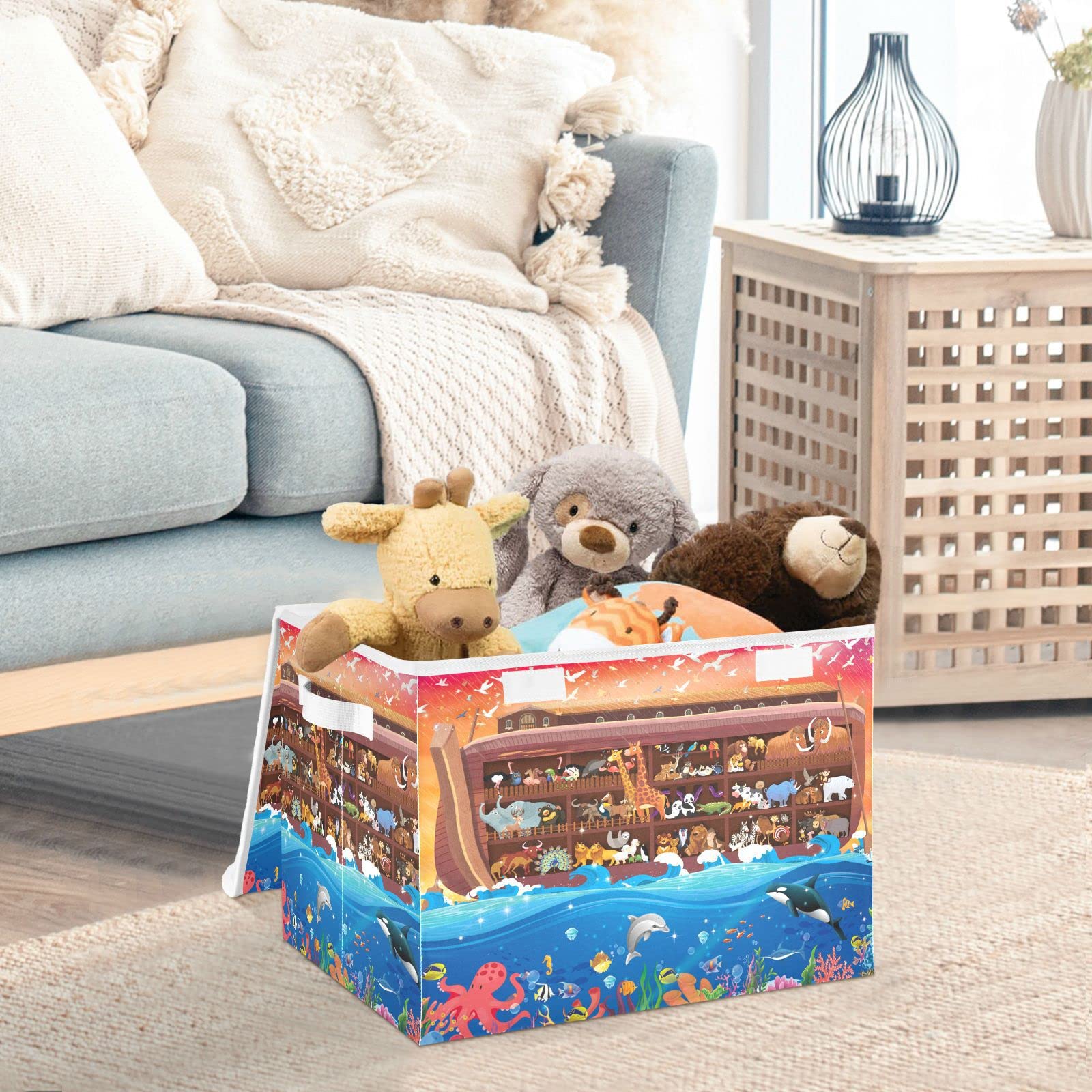 JUNZAN Animals in the Cabin Canvas Storage Containers with Lids Folding Collapsible Storage Bin Cube Storage Organizer for Home Office Large Fabric Toy Bin.