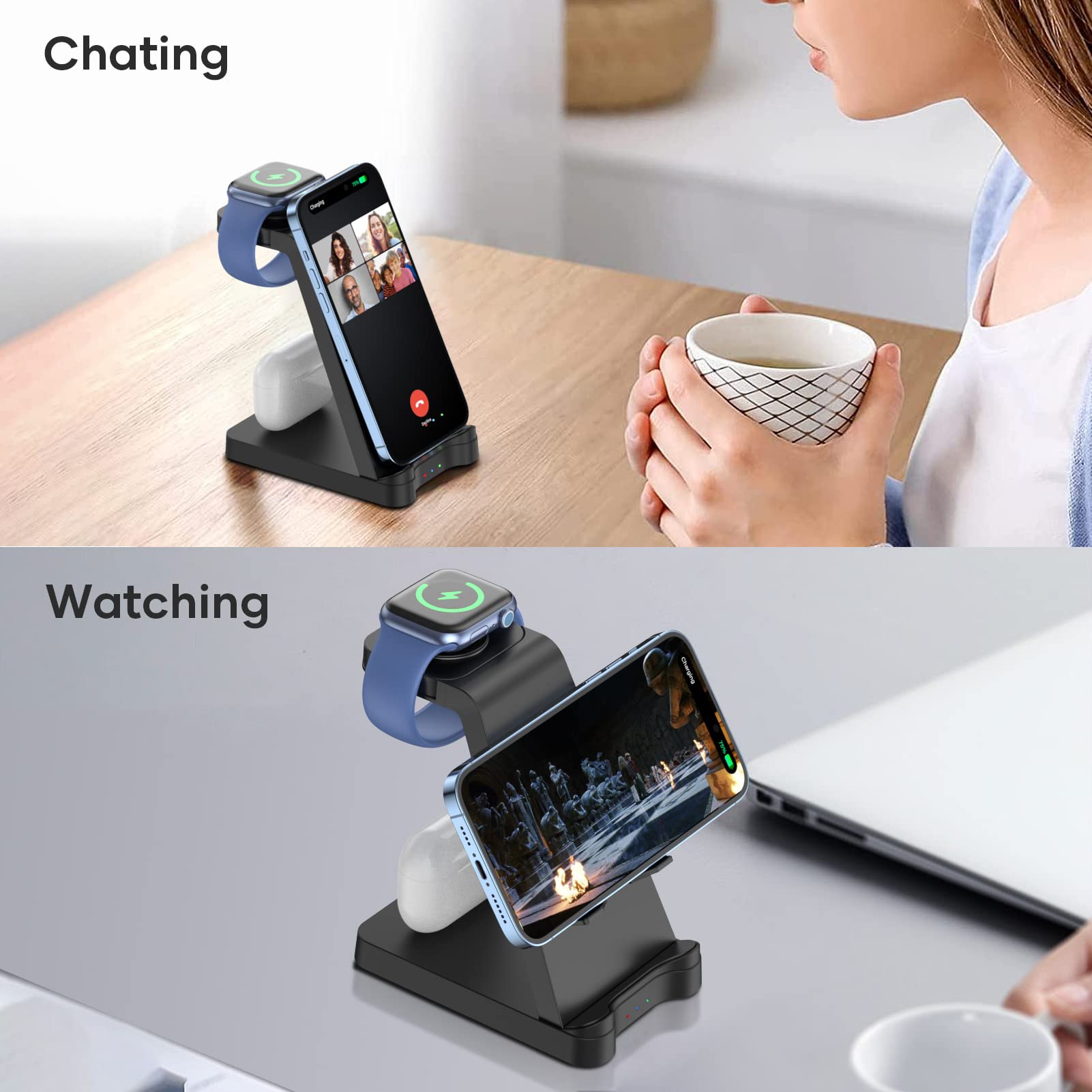 3 in 1 Charging Station for Apple Products - Wireless Charging Station for Multiple Devices - Phone and Watch Charger Stand for iPhone 15/14/13/12/11 Series, iWatch Series 1-9/Ultra, AirPods