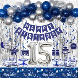 15th birthday decorations for boys and girls blue silver, happy 15th birthday decorations banner birthday balloons number 15 tablecloth fringe curtains hanging swirls, 15 years old bday party supplies