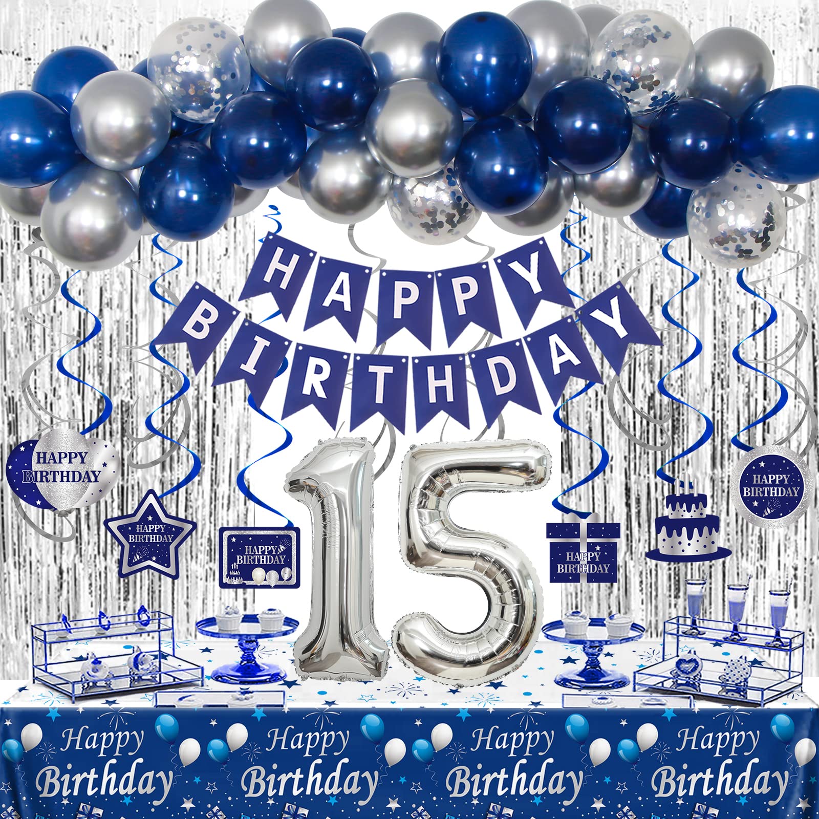 15th Birthday Decorations for Boys and Girls Blue Silver, Happy 15th Birthday Decorations Banner Birthday Balloons Number 15 Tablecloth Fringe Curtains Hanging Swirls, 15 Years Old Bday Party Supplies