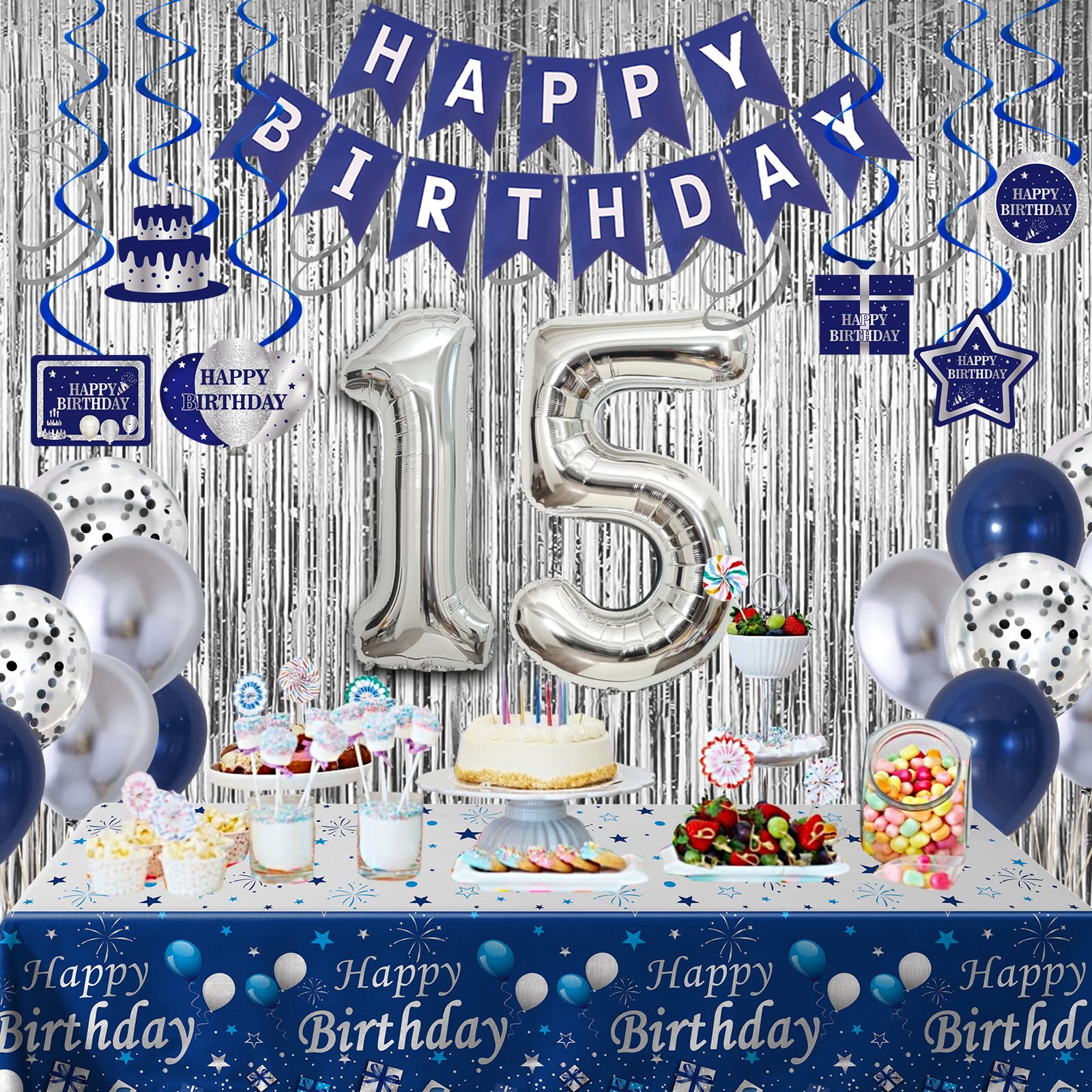 15th Birthday Decorations for Boys and Girls Blue Silver, Happy 15th Birthday Decorations Banner Birthday Balloons Number 15 Tablecloth Fringe Curtains Hanging Swirls, 15 Years Old Bday Party Supplies