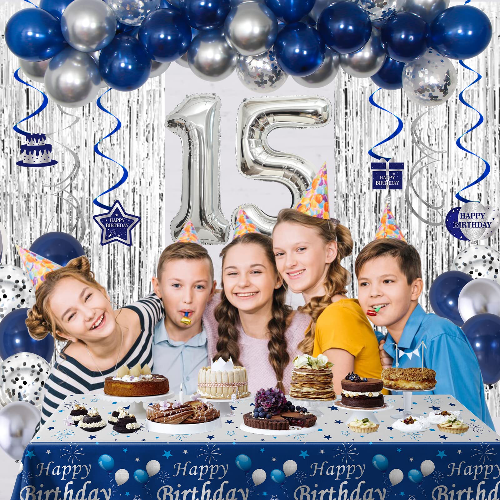 15th Birthday Decorations for Boys and Girls Blue Silver, Happy 15th Birthday Decorations Banner Birthday Balloons Number 15 Tablecloth Fringe Curtains Hanging Swirls, 15 Years Old Bday Party Supplies