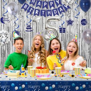 15th Birthday Decorations for Boys and Girls Blue Silver, Happy 15th Birthday Decorations Banner Birthday Balloons Number 15 Tablecloth Fringe Curtains Hanging Swirls, 15 Years Old Bday Party Supplies