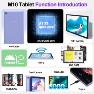 VOLENTEX 10 Inch Tablet Android 12 Tablet PC, Tablets with 32GB ROM 2GB RAM 512GB Expand, Quad Core Processor, WiFi 6, 10.1'' IPS HD Display, 6000mAh Battery, Dual Camera,Type C (Purple)