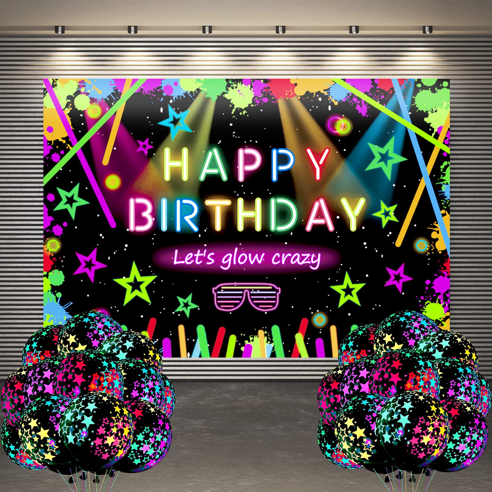 Neon Party Decorations, 5.9 x 3.6Ft Neon Party Backdrop with 18 Neon Balloons, Let Glow Party Banner Glow Party Supplies Neon Birthday Party Decorations for Kids