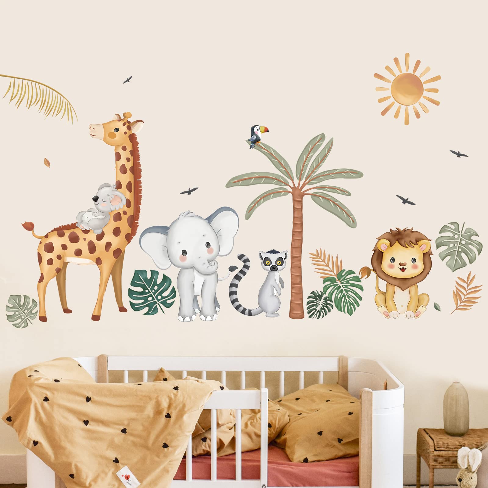 wondever Boho Jungle Animals Wall Stickers Safari Animal Palm Tree Elephant Giraffe Lion Peel and Stick Wall Art Decals for Baby Nursery Kids Bedroom