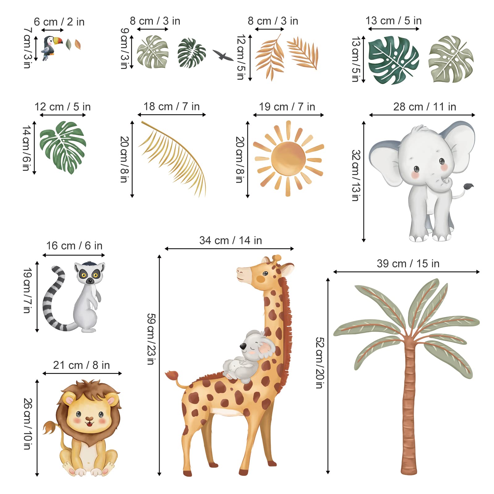 wondever Boho Jungle Animals Wall Stickers Safari Animal Palm Tree Elephant Giraffe Lion Peel and Stick Wall Art Decals for Baby Nursery Kids Bedroom