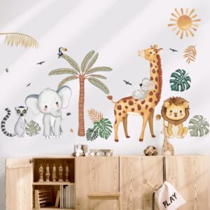 wondever Boho Jungle Animals Wall Stickers Safari Animal Palm Tree Elephant Giraffe Lion Peel and Stick Wall Art Decals for Baby Nursery Kids Bedroom