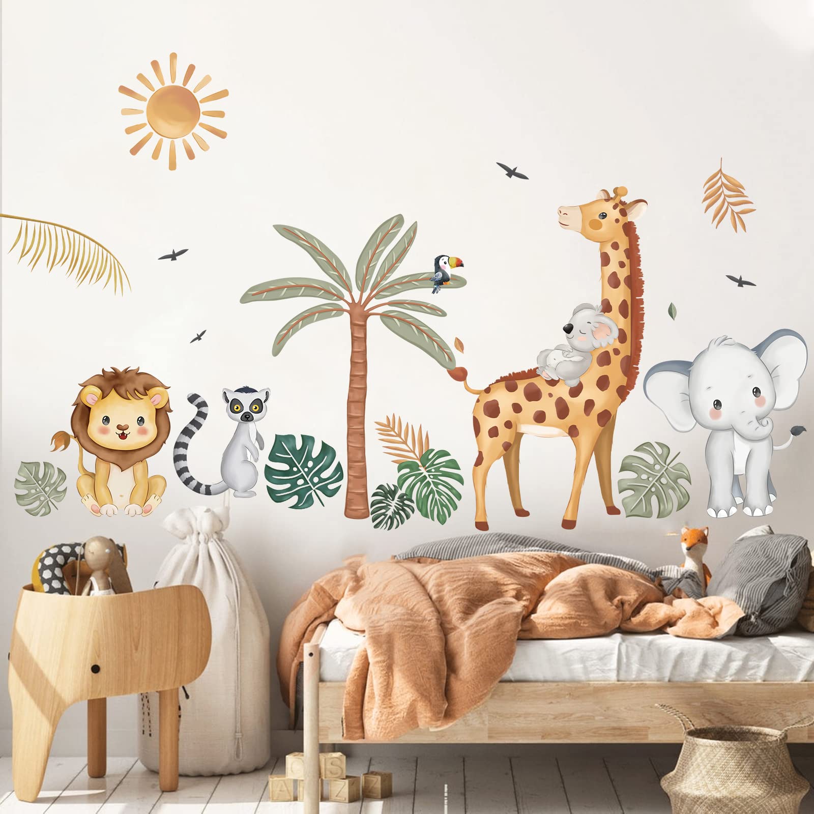 wondever Boho Jungle Animals Wall Stickers Safari Animal Palm Tree Elephant Giraffe Lion Peel and Stick Wall Art Decals for Baby Nursery Kids Bedroom