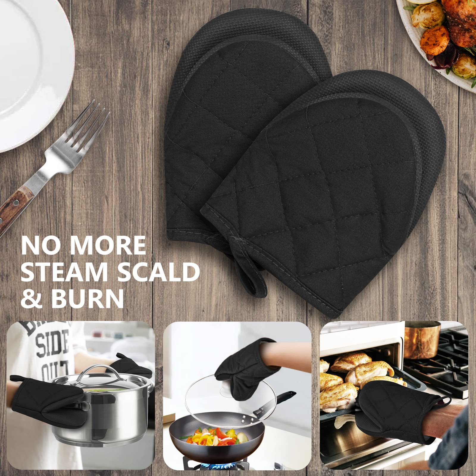 Qulable 1 Pair Short Oven Mitts - Silicone Kitchen Oven Gloves High Heat Resistant 500℉, Mini Oven Mits with Non-Slip Grip Surfaces and Hanging Loop for BBQ, Baking, Cooking and Grilling (Black)