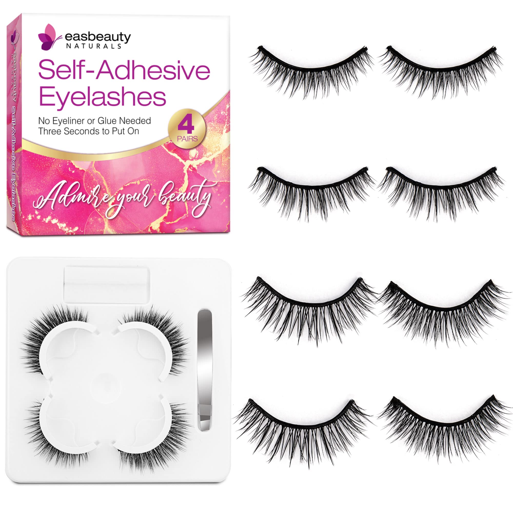 Self Adhesive Eyelashes, 8PCs False Eyelashes Natural Look, Reusable Adhesive Eyelashes, Self Adhesive Eyelashes Reusable Self Sticking, No Glue Eyelashes, False Lashes Natural Look for Women