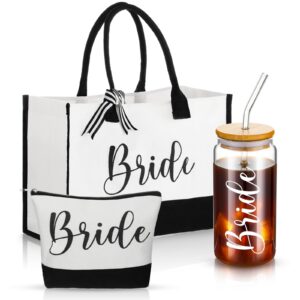 zubebe 3 pcs bride gifts set for bridal shower include glass cup canvas tote bag makeup bag for honeymoon gift(bride)