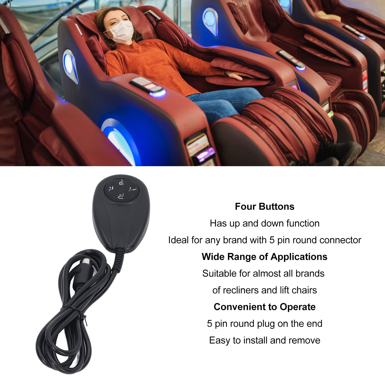 Lift Chair Remote 4 Buttons 5 Pin Up Down Power Recliner Replacement Hand Control Handset for Power Recliner