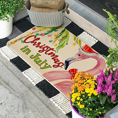 Artoid Mode Flamingo Christmas in July Doormat, Home Decor Low-Profile Switch Rug Door Mat Floor Mat for Indoor Outdoor 17x29 Inch