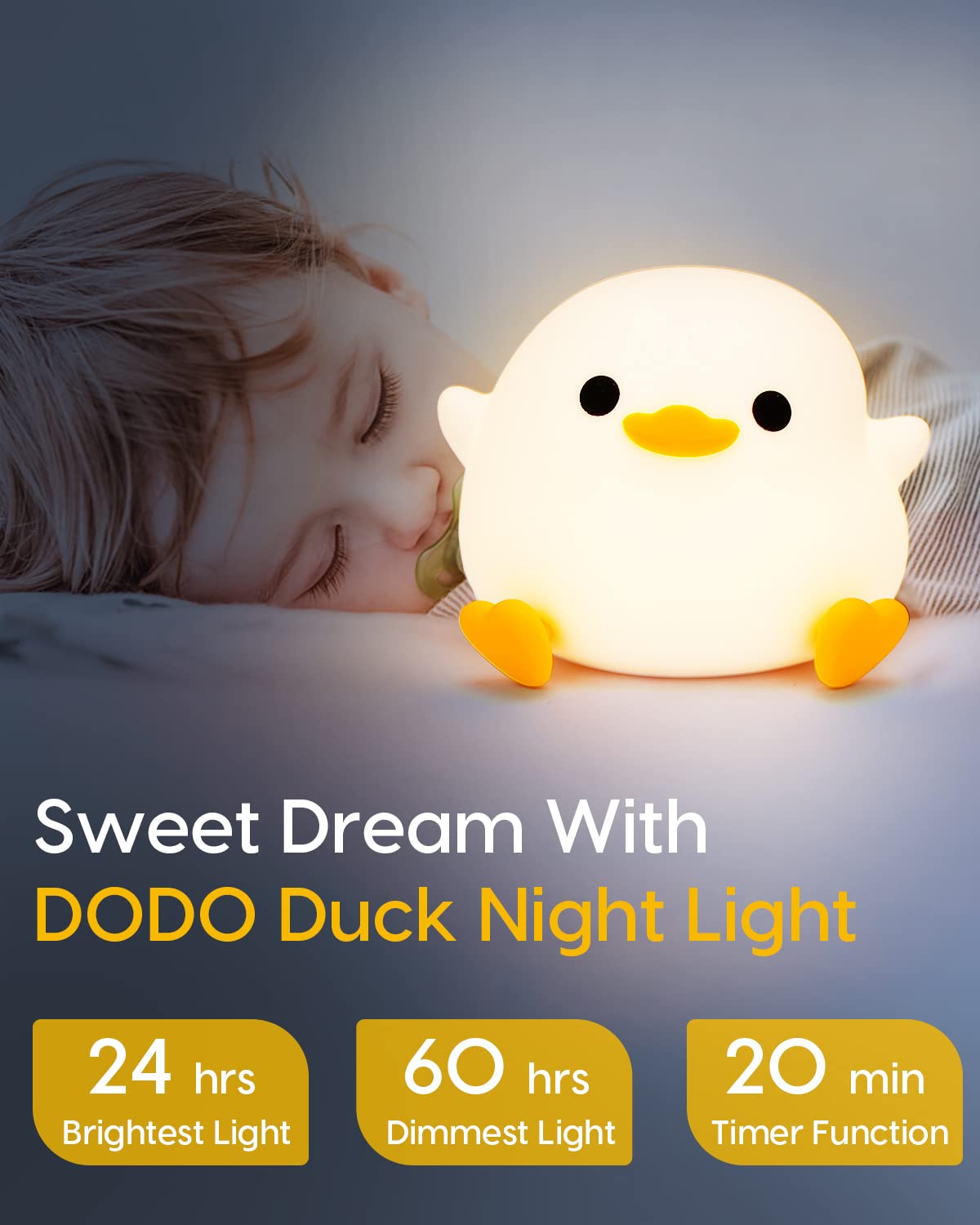 Amaredom DoDo Duck Night Light, Cute Duck Lamp, Silicone Dimmable Nursery Nightlight, Rechargeable LED Bedside Lamp with 20 Minutes Timer & Tap Control Baby Girls Women Bedrooms, Living Room