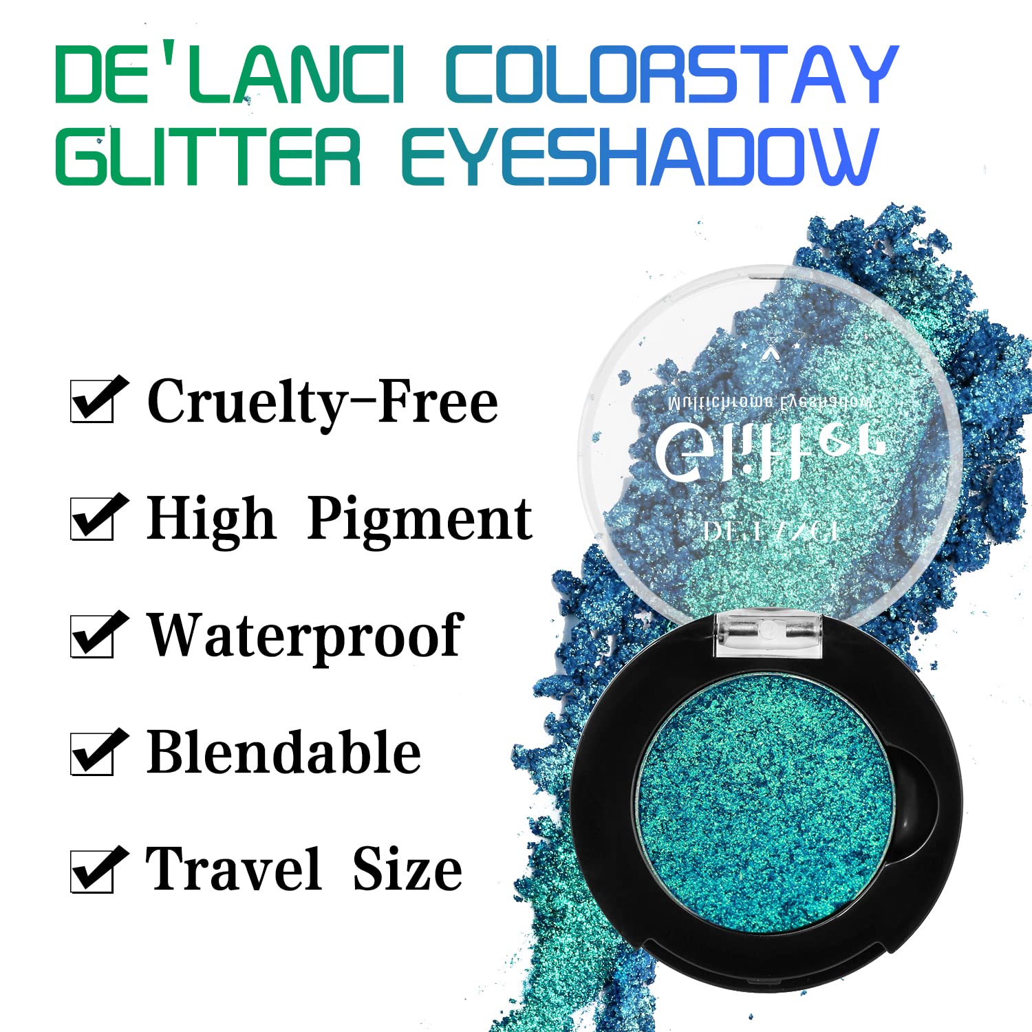 DE'LANCI Green Glitter Eyeshadow, Highly Pigmented Duochrome Eye Shadow, Intense Color Shifting Multichrome Green Eyeshadow for Blue Green Eyes, Waterproof Shimmer Eyeshadow, Talc Free & Travel Size