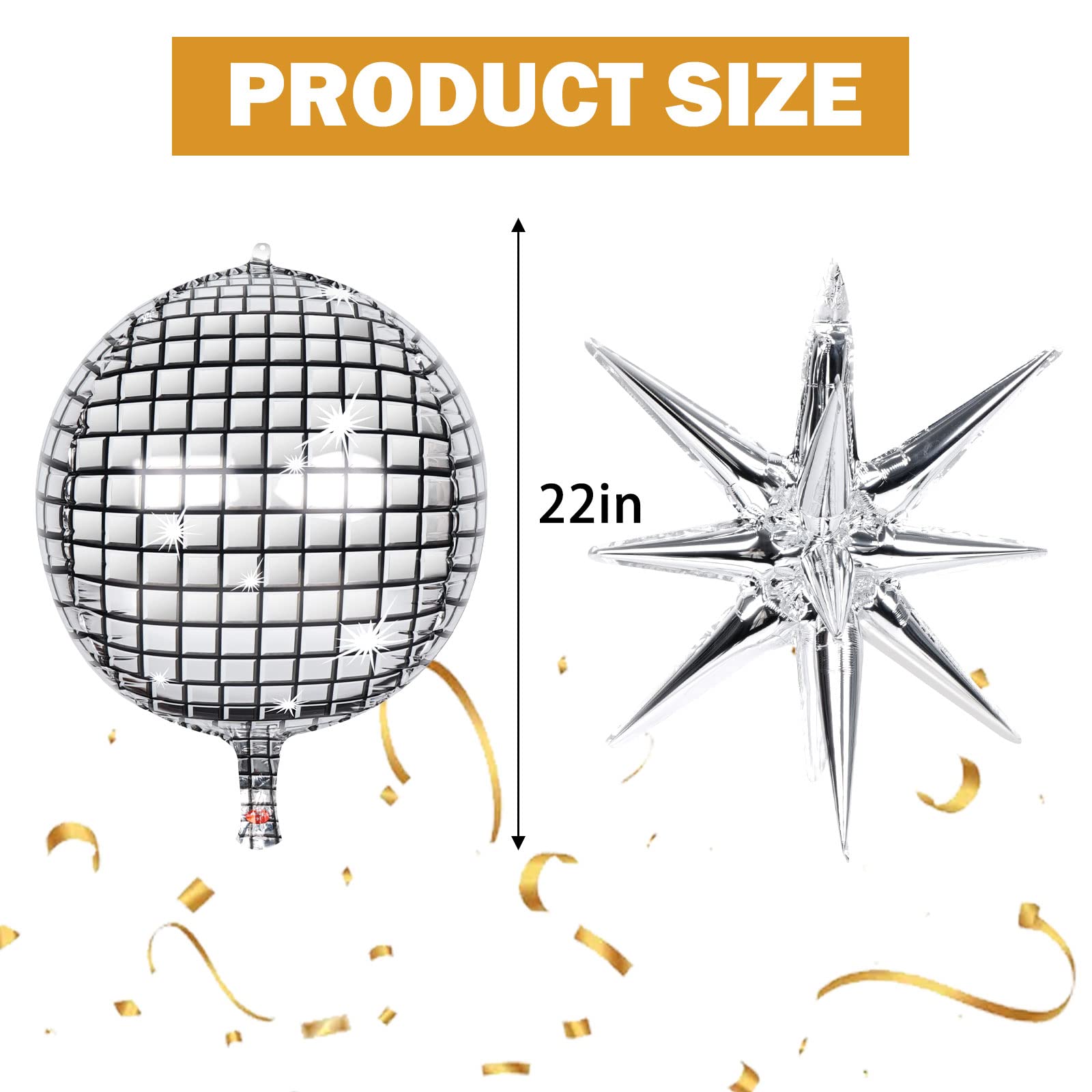 8 PCS 22Inch Silver Disco Ball Ballons, 4D Large Foil Balloons with Metallic Star for 70s Disco Dance Birthday Party Graduation New Year Decoration