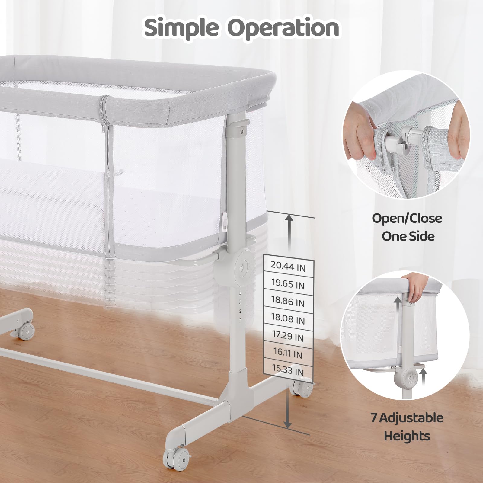 Ezebaby Baby Bassinet, Bedside Bassinet for Baby, Portable Baby Bassinets Bedside Sleeper for Newborn Baby Infants with Adjustable 7 Heights and All Mesh Sides, Mattress & Sheet Included