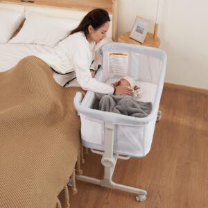 Ezebaby Baby Bassinet, Bedside Bassinet for Baby, Portable Baby Bassinets Bedside Sleeper for Newborn Baby Infants with Adjustable 7 Heights and All Mesh Sides, Mattress & Sheet Included