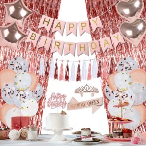 Rose Gold Birthday Decorations for Women - Quesen Birthday Party Supplies with Happy Birthday Banner, Queen Sash, Crown, Cake Topper & Balloons, Pink Birthday Party Decor Favors for Women Girls Kids