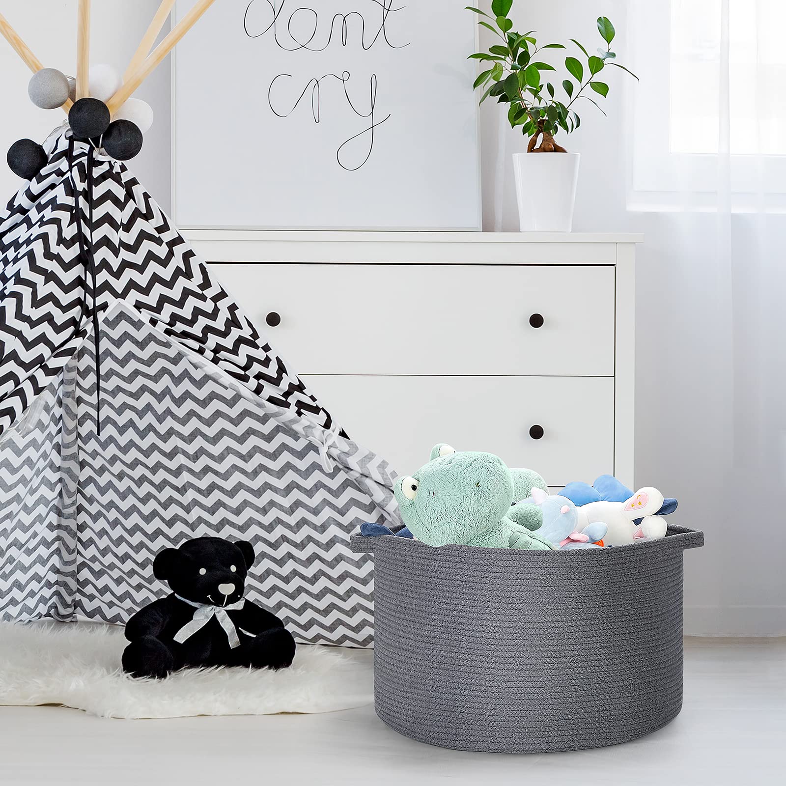 Blanket Basket - 20"x 20"x 13" Cotton Rope Basket for Living Room, Baby Toy Storage Basket, Large Woven Laundry Basket (Gray)