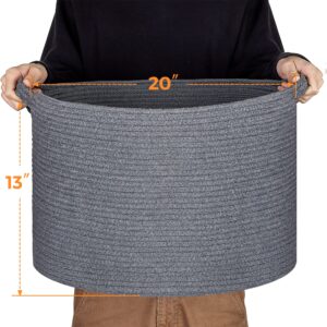 Blanket Basket - 20"x 20"x 13" Cotton Rope Basket for Living Room, Baby Toy Storage Basket, Large Woven Laundry Basket (Gray)