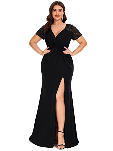 Ever-Pretty Plus Women's Double V-Neck Sequins Pleated Formal Dresses Plus Size Dresses for Curvy Women Black US24