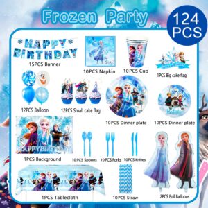 Frozen Birthday Party Supplies,124pcs Frozen Party Decorations&Tableware Set-Frozen Plates Napkins Cups Tablecloth Banner Backdrop,Frozen Balloons etc Frozen Themed Birthday Party Supplies