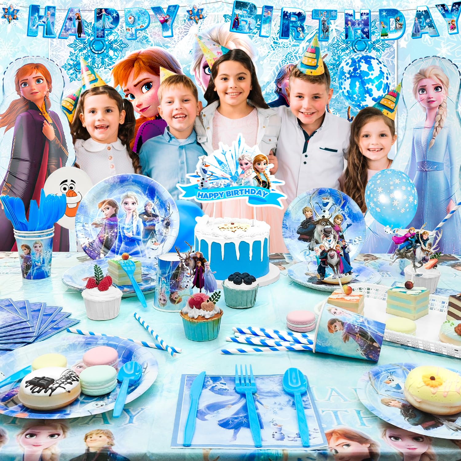 Frozen Birthday Party Supplies,124pcs Frozen Party Decorations&Tableware Set-Frozen Plates Napkins Cups Tablecloth Banner Backdrop,Frozen Balloons etc Frozen Themed Birthday Party Supplies