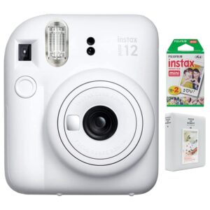 fujifilm 16806274 instax mini 12 instant camera, clay white bundle with instax mini twin pack picture format instant daylight film (20 shots) and deco essentials 2" x 3" white 64 page photo album