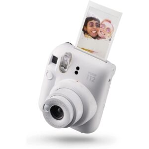 Fujifilm 16806274 Instax Mini 12 Instant Camera, Clay White Bundle with Instax Mini Twin Pack Picture Format Instant Daylight Film (20 Shots) and Deco Essentials 2" x 3" White 64 Page Photo Album