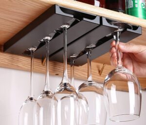 2 pack wine glass holder under shelf or cabinet punch-free wine glass rack plastic stemware rack glassware drying storage hanger for kitchen,bar and restaurant (black)