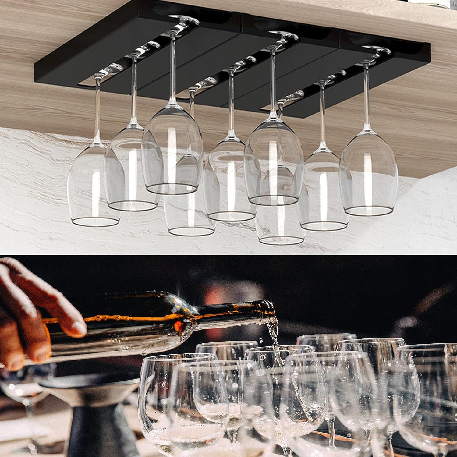 2 Pack Wine Glass Holder Under Shelf or Cabinet Punch-free Wine Glass Rack Plastic Stemware Rack Glassware Drying Storage Hanger for Kitchen,Bar and Restaurant (Black)