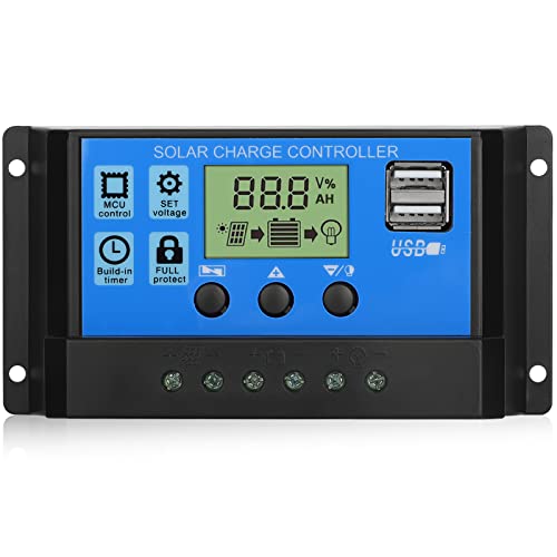 EEEkit 100A Solar Charge Controller, 12V/24V Solar Panel Charge Controller Intelligent Regulator with 5V Dual USB Port Display Adjustable PWM Auto Parameter LCD Display and Timer Setting