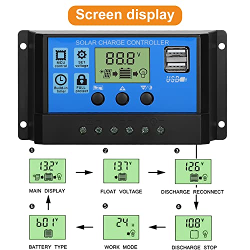 EEEkit 100A Solar Charge Controller, 12V/24V Solar Panel Charge Controller Intelligent Regulator with 5V Dual USB Port Display Adjustable PWM Auto Parameter LCD Display and Timer Setting