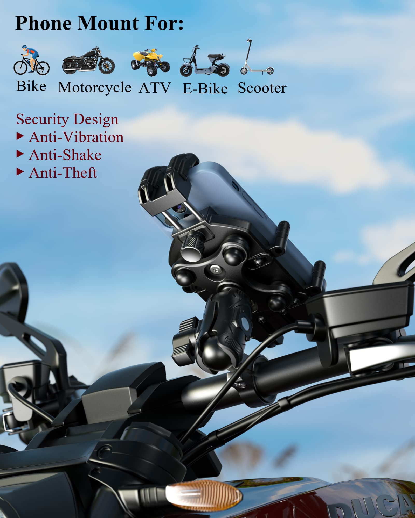 BRCOVAN Motorcycle Phone Holder with Vibration Dampener & High-Speed Secure Lock, Anti-Theft Motorcycle Phone Mount Handlebar Cellphone Holder for Bike Bicycle Scooter ATV Fit 5.4''-7.2'' Smartphones