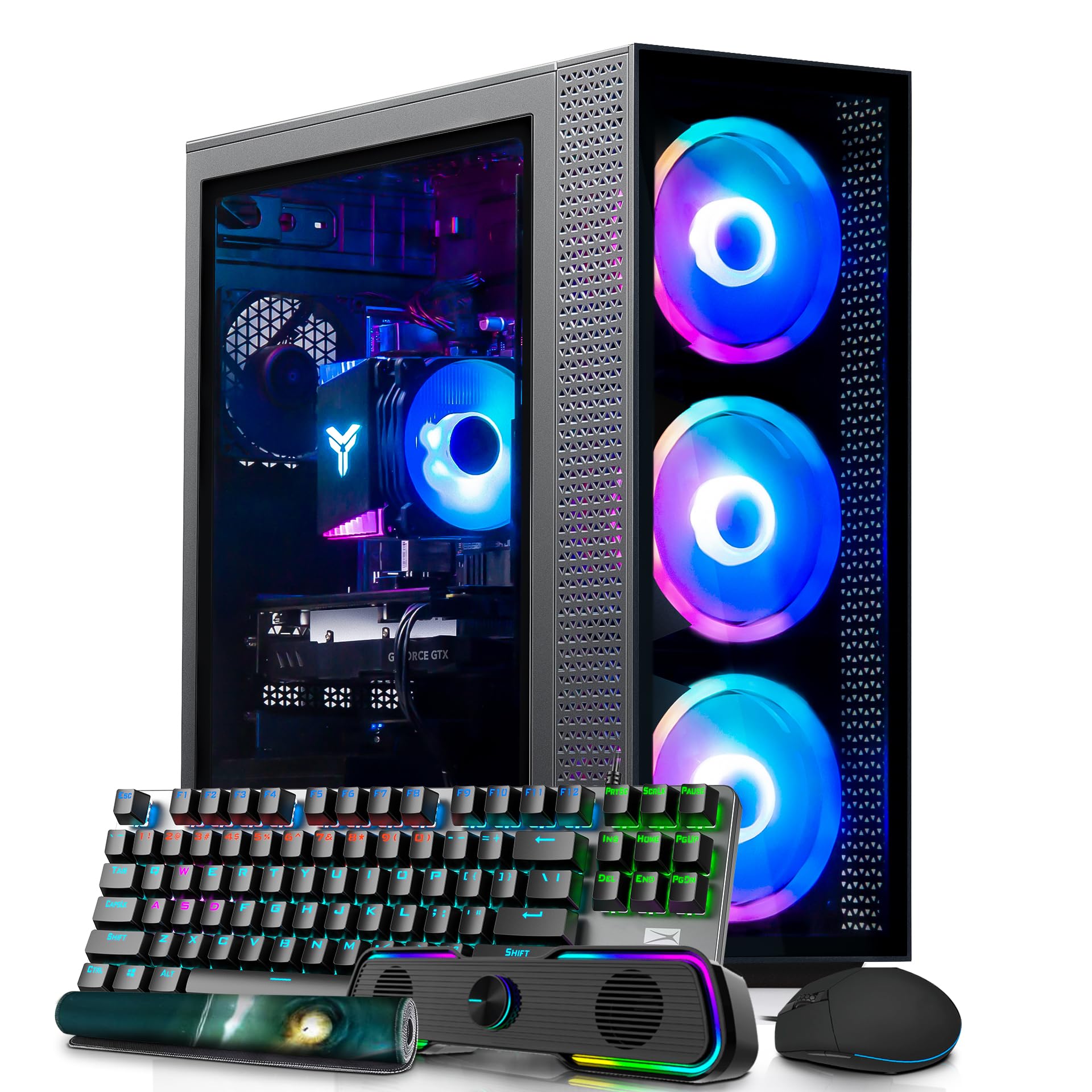 TJJ Neptune Gaming PC Desktop Computer - Intel Core i3-10105F 3.7GHz, AMD RX 5500XT 8GB (Beat GTX 1650), 16GB DDR4, 512GB NVME SSD, WiFi 6E, VR Ready, RGB Fans, RGB Keyboard & Mouse, Win 11 Pro