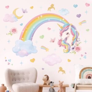 wondever rainbow wall stickers unicorn clouds peel and stick wall art decals for girls bedroom kids room baby nursery