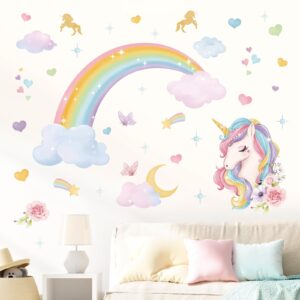 wondever Rainbow Wall Stickers Unicorn Clouds Peel and Stick Wall Art Decals for Girls Bedroom Kids Room Baby Nursery