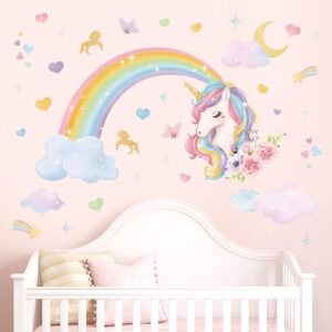 wondever Rainbow Wall Stickers Unicorn Clouds Peel and Stick Wall Art Decals for Girls Bedroom Kids Room Baby Nursery