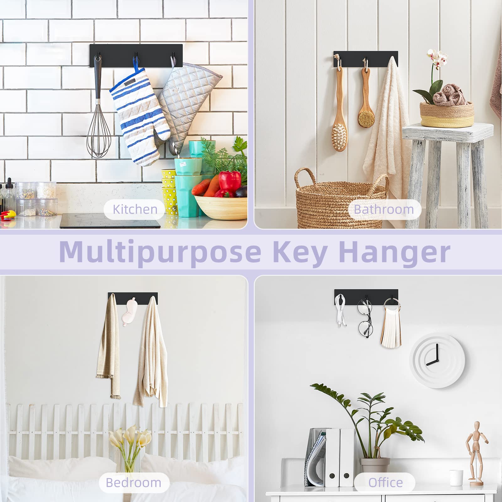 VIS'V Key Holder Wall Mount, Matte Black Self Adhesive Key Hanger Metal Small Key Rail with 3 Key Hooks Key Rack Keychain Holder with Extra Adhesive for Entryway Hallway Doorway Camper