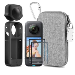 lewote 7in1 compatible with insta360 x3 accessories kit[silicone camera case cover and lens cap][2pcs 3d screen protector film][carrying case bag with auto locking carabiner and anti-loss lock]