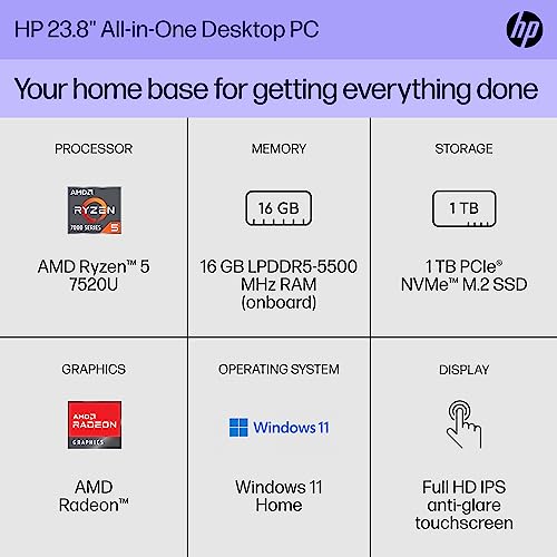 HP 23.8 inch All-in-One Desktop PC, FHD Display, AMD Ryzen 5 7520U, 16 GB RAM, 1 TB SSD, AMD Radeon Graphics, Windows 11 Home, 24-cr0040 (2023)